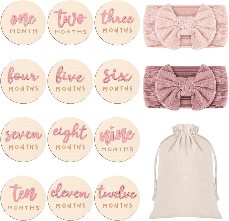 Booson 6 Pack 3D Pink Monthly Baby Milestone Announcement Sign with 2 Pack Bow Headbands Double Sided Newborn Signs Wooden Discs for Welcome Newborn Shower Boy Girl Photo Props - Image 1